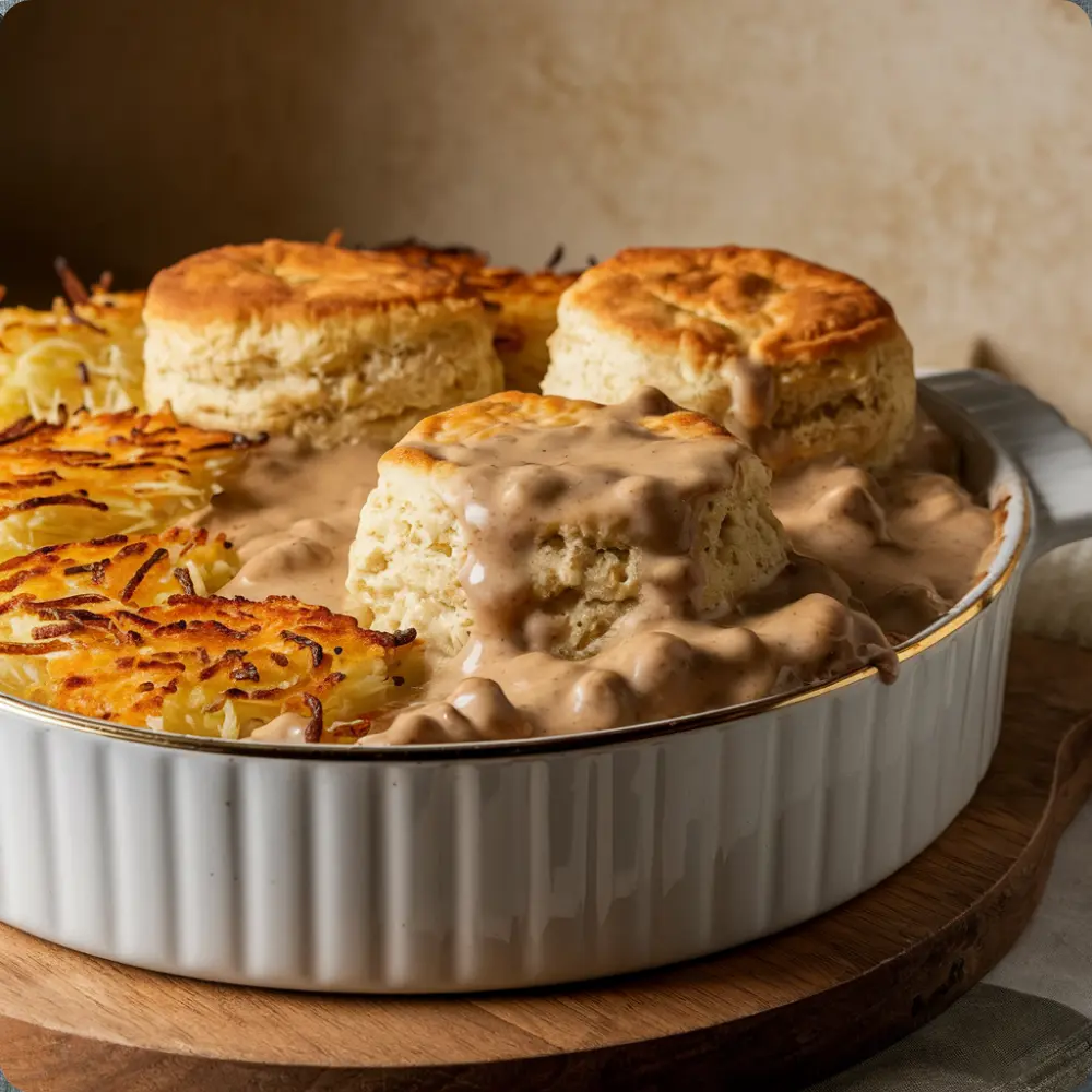 A golden-brown breakfast biscuit casserole topped with cheese, eggs, and crumbled sausage, served in a baking dish.
