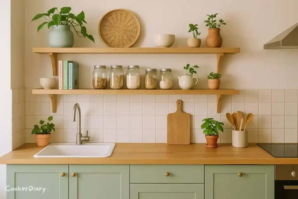 Affordable kitchen setup with open shelving, soft pastel decor, and creative props for content creators.
