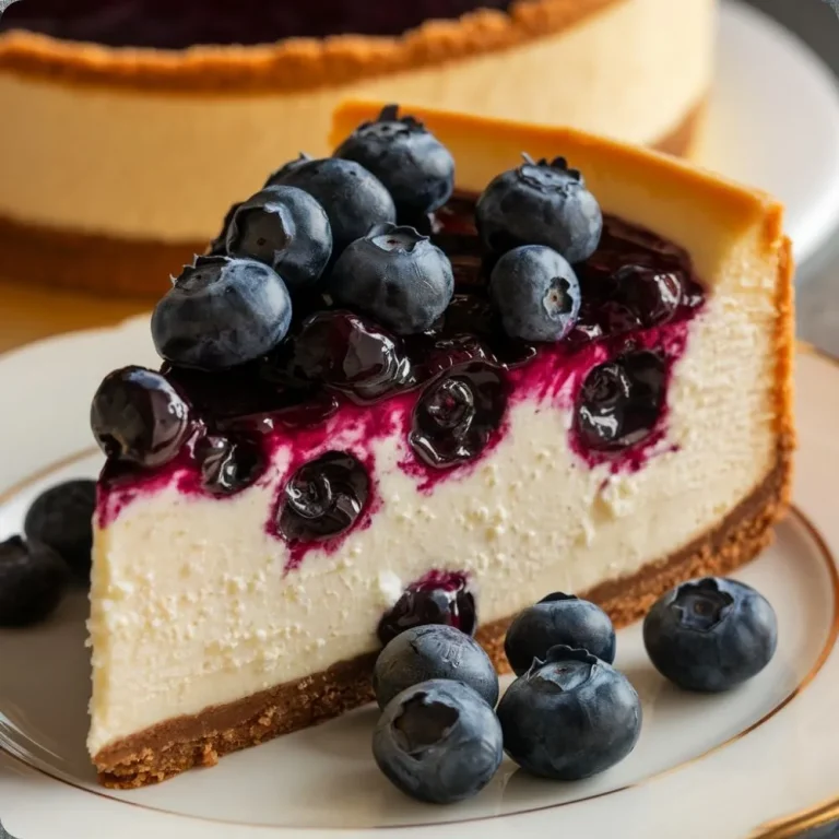 A slice of rich, dense Chicago-style cheesecake on a plate, garnished with fresh berries and mint leaves.