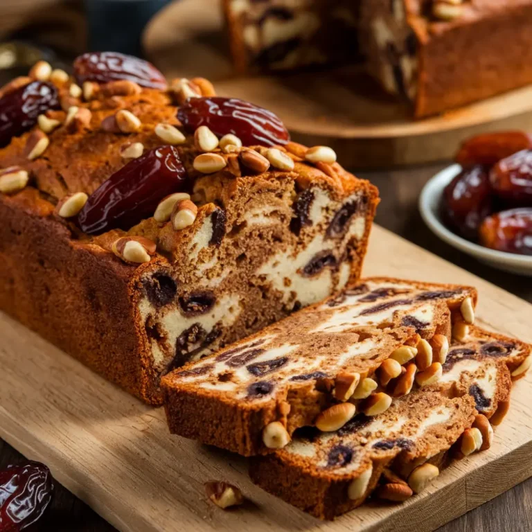 A slice of homemade date nut bread on a wooden cutting board, sprinkled with chopped nuts for added texture and flavor.