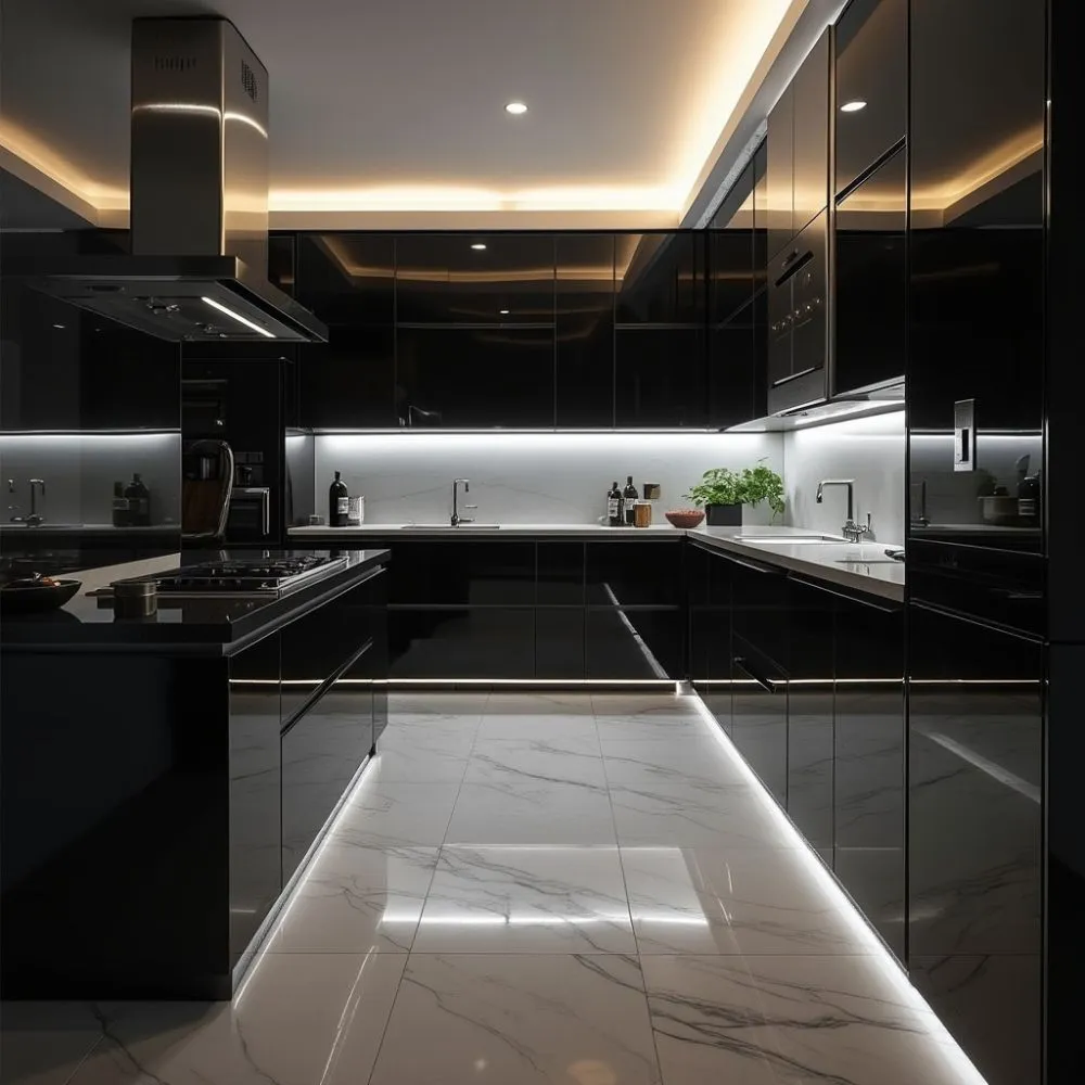 A sleek, high-gloss black surface reflecting light, showcasing a futuristic design aesthetic.