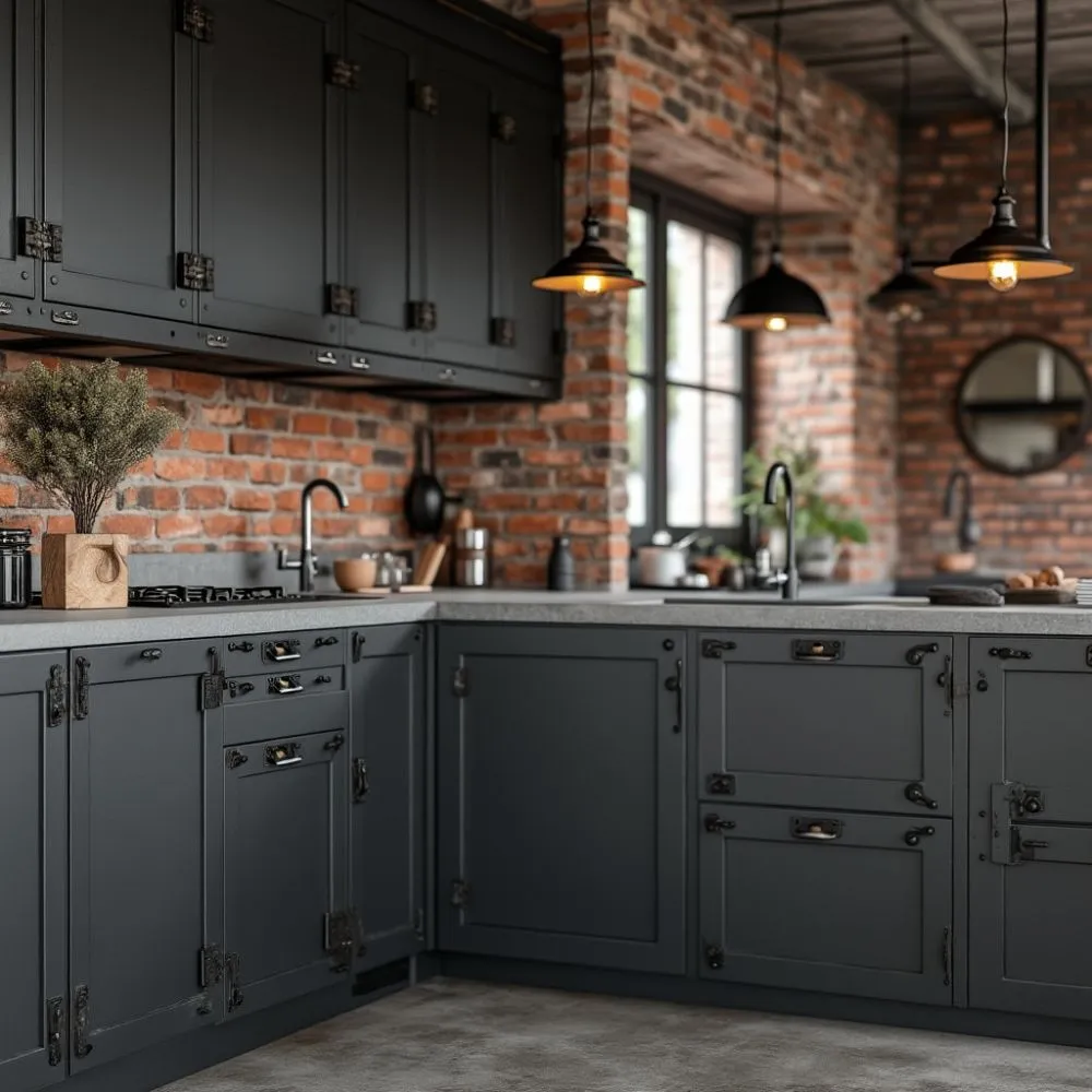 Sleek industrial black kitchen cabinets featuring exposed hardware, offering a modern and edgy aesthetic.