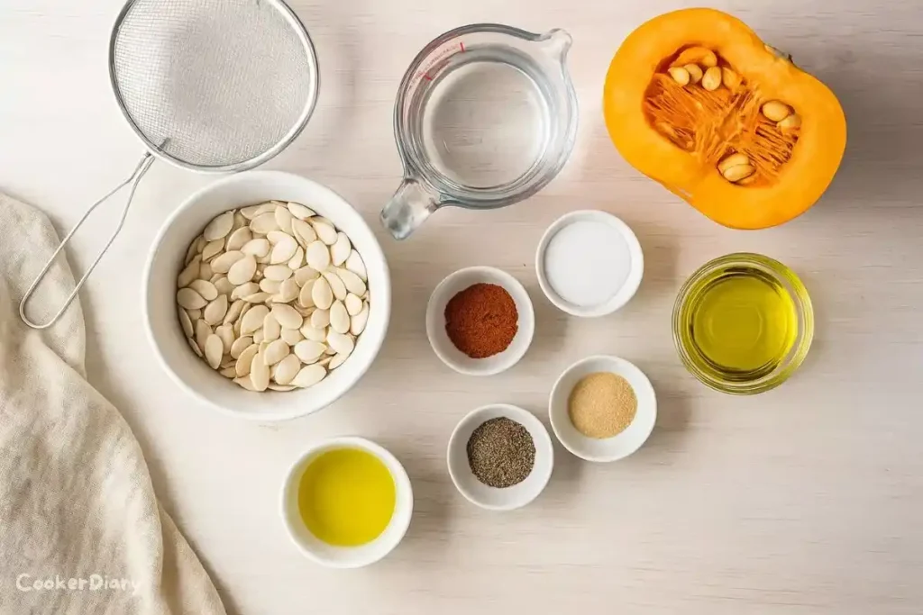 Flat-lay of raw pumpkin seeds, spices, and olive oil on wooden background.