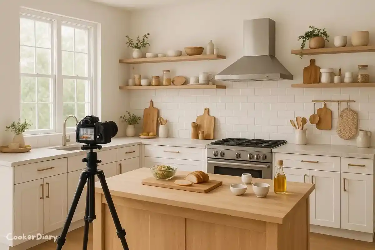 Modern kitchen with L-shaped layout and island designed for food bloggers, featuring camera setup and natural lighting.