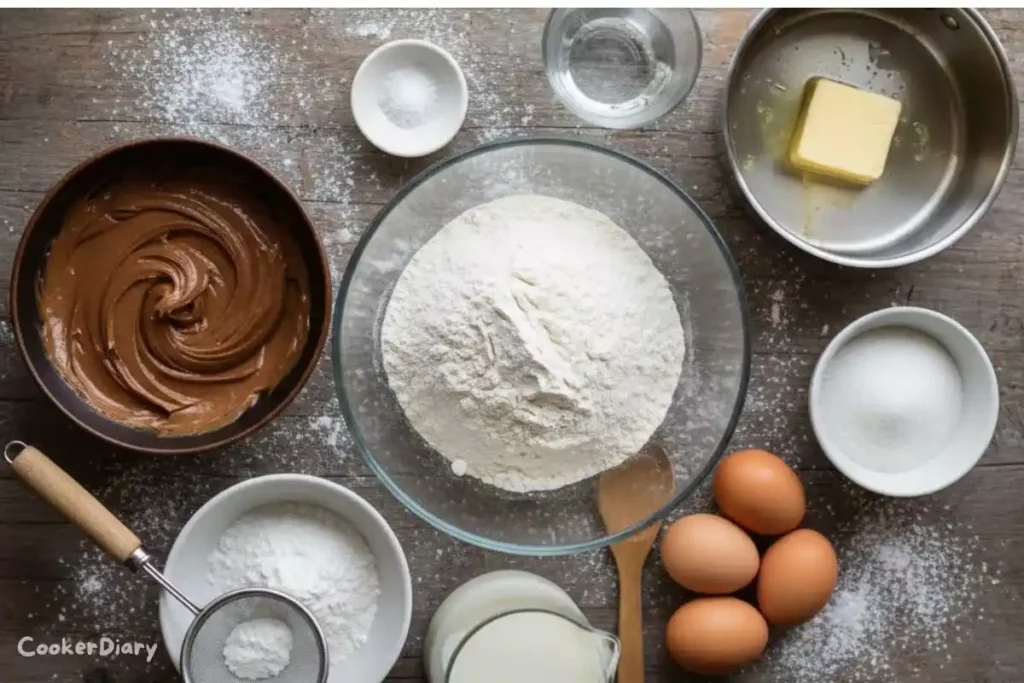 Flat-lay of Paris-Brest ingredients including butter, flour, eggs, milk, and praline paste.