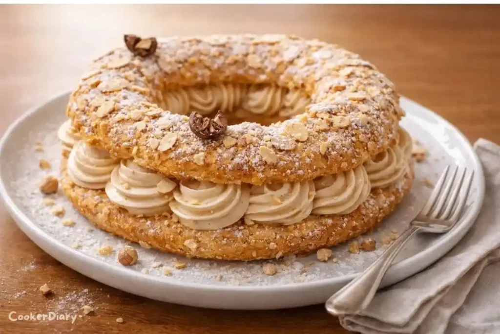 Angled close-up of Paris-Brest showing hollow choux and hazelnut cream filling.