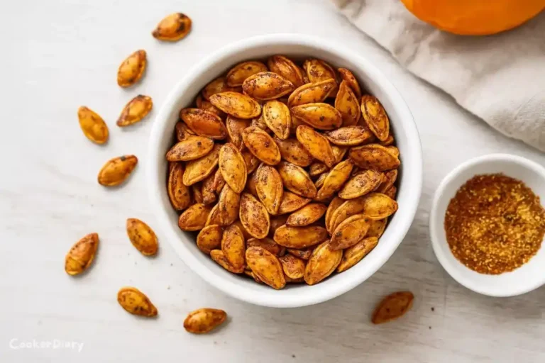 Overhead image of golden roasted pumpkin seeds in a bowl on a wooden counter.