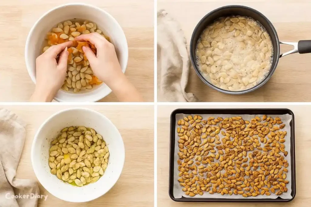 Four-step photo grid showing cleaning, boiling, seasoning, and roasting pumpkin seed recipe.