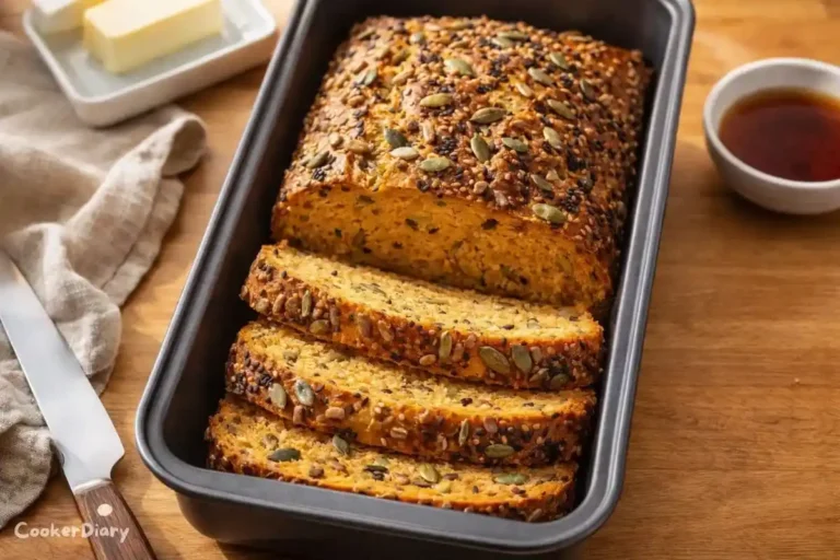Top-down view of seeded miso sweet potato bread in a gray loaf pan