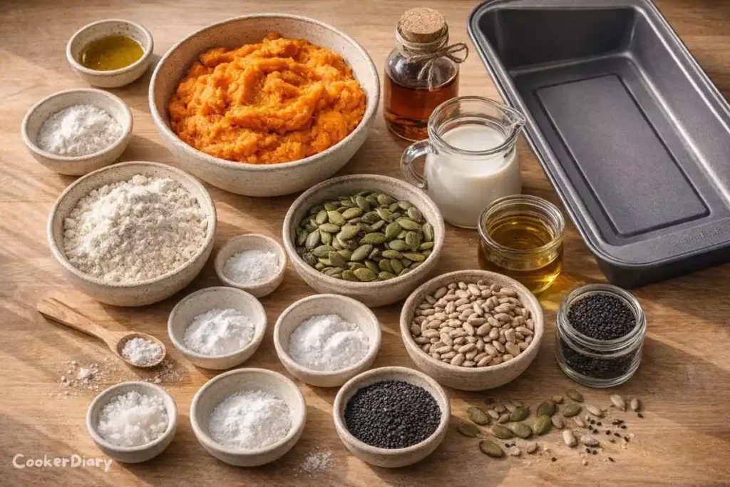 Flat-lay of ingredients for miso sweet potato bread