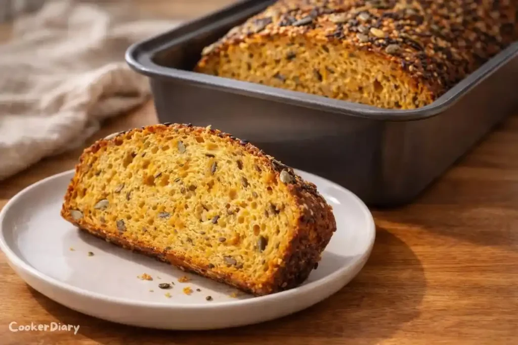 Angled close-up of seeded sweet potato bread in loaf pan