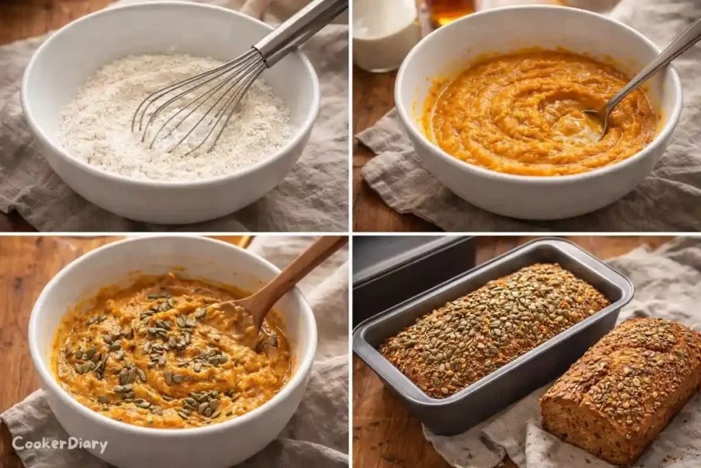 Step-by-step composite of seeded miso sweet potato bread preparation