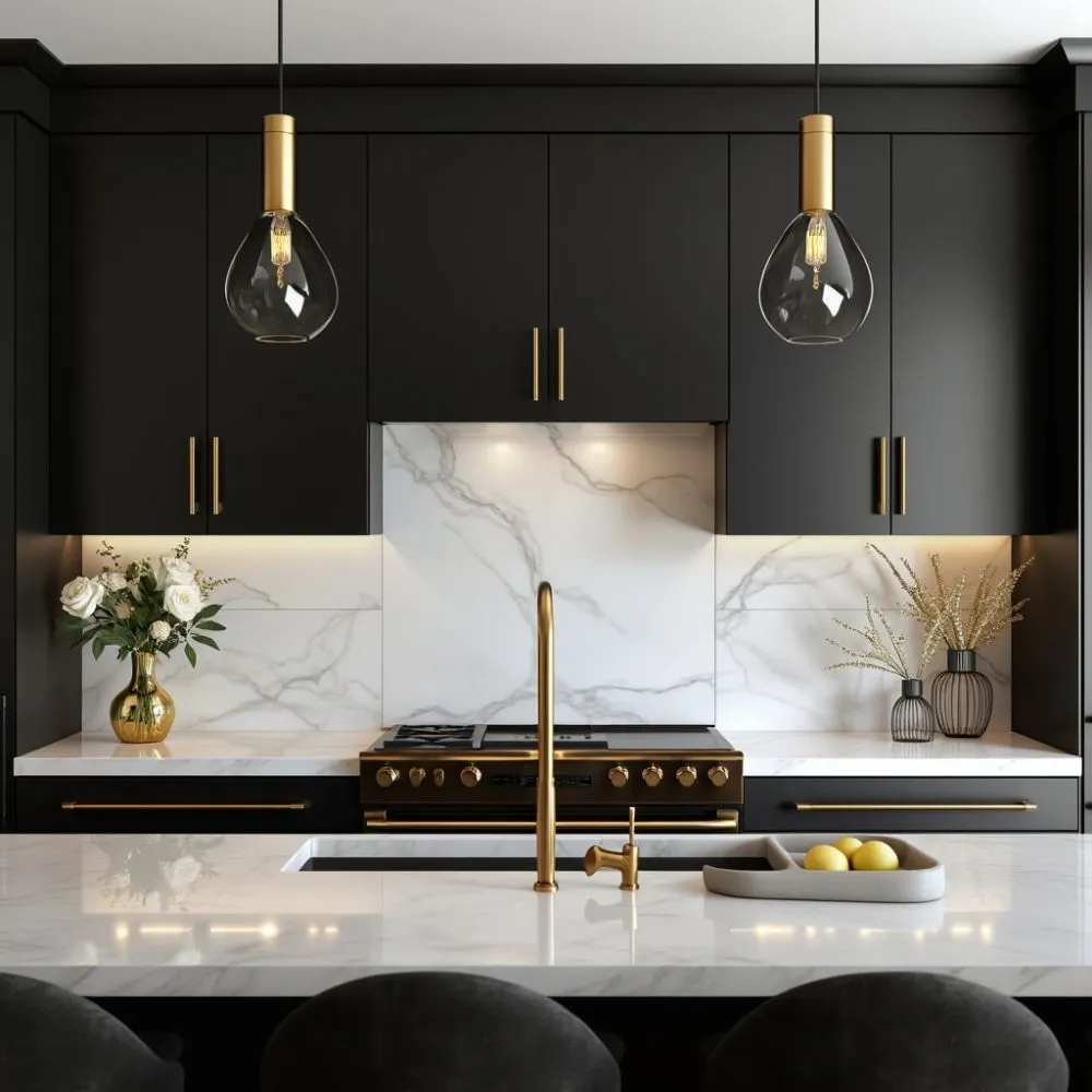 A luxurious design featuring sleek matte black surfaces adorned with elegant gold accents, exuding modern sophistication.