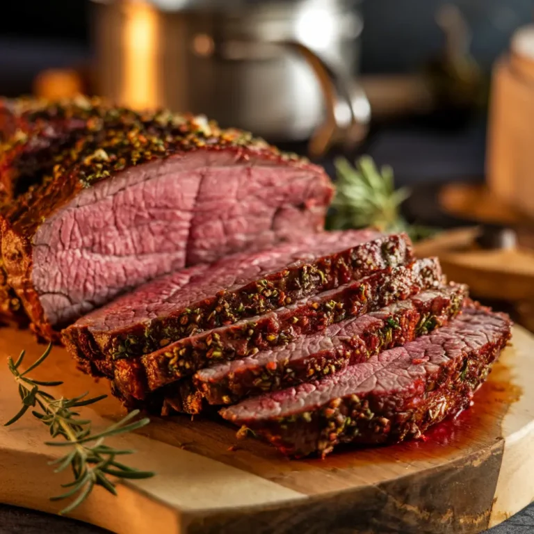 A juicy sliced beef brisket on a wooden cutting board, garnished with fresh herbs and ready to serve.