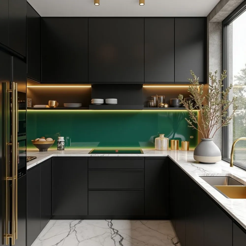 A modern kitchen featuring sleek, stylish black cabinets paired with elegant hardware and ambient lighting.