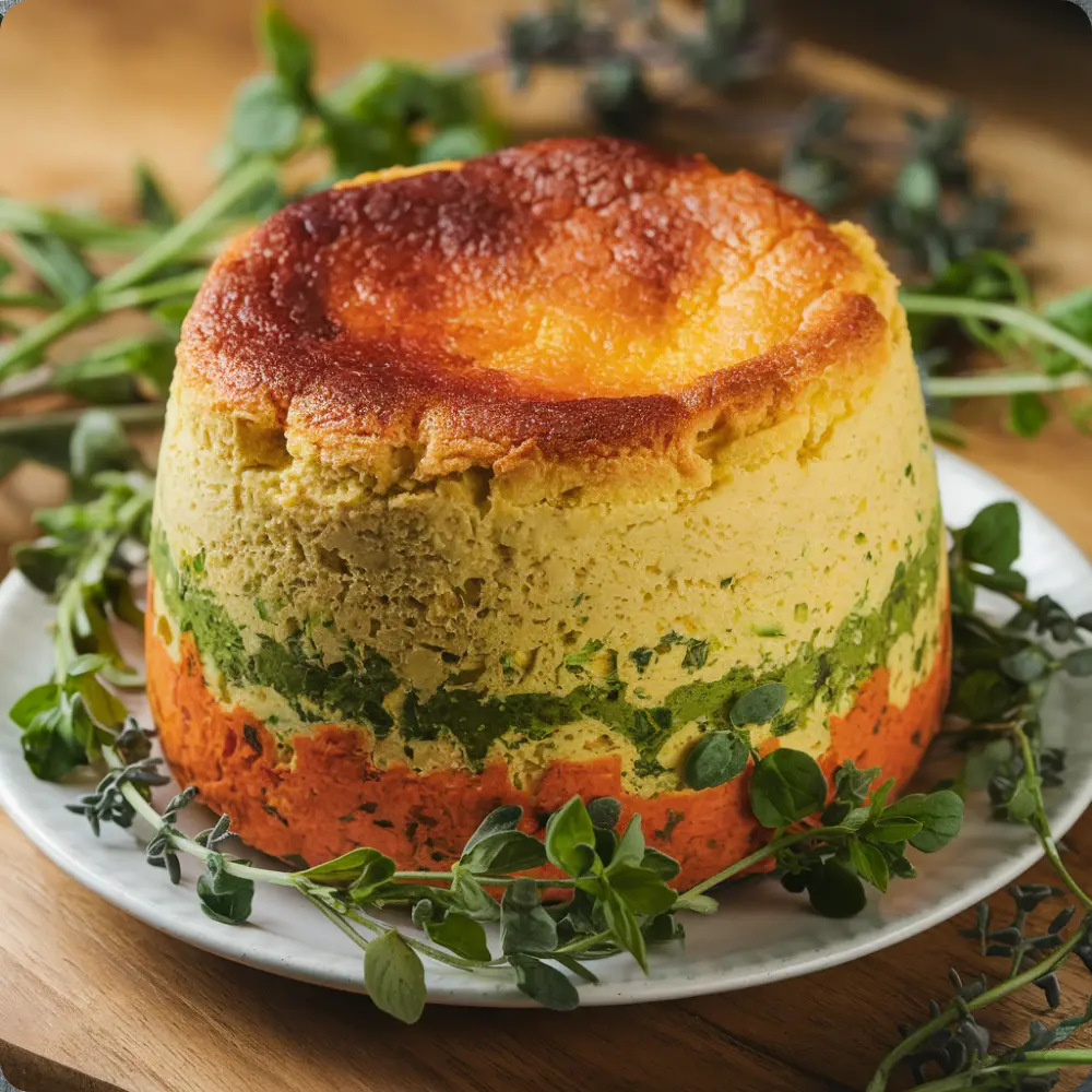 A golden-brown vegetable soufflé rising elegantly in a ramekin, garnished with fresh herbs for a touch of color.