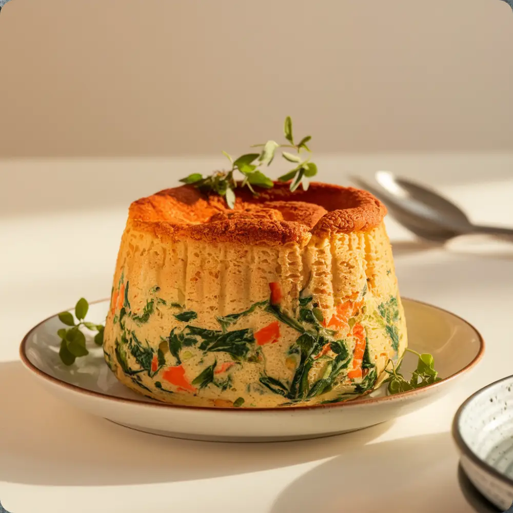 A golden-brown vegetable soufflé served elegantly on a white plate, garnished with fresh herbs.