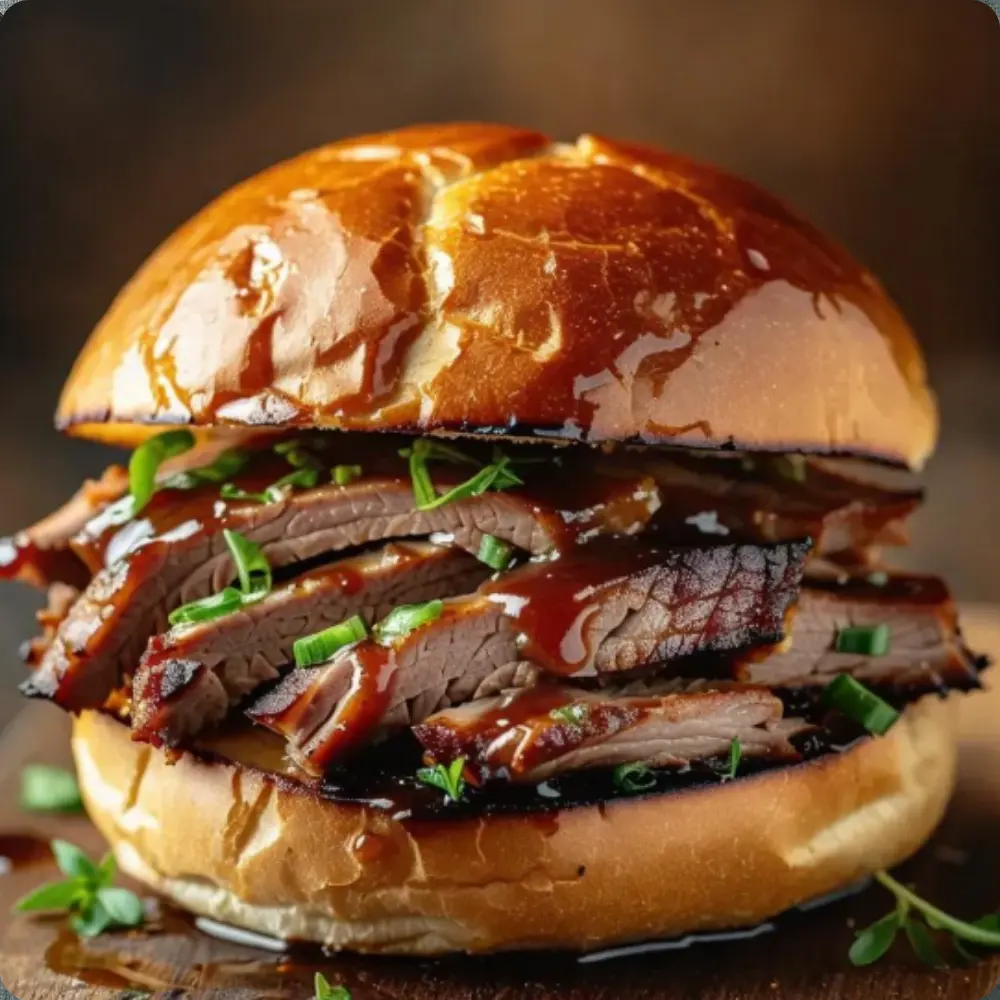 A delicious brisket bun sandwich with juicy meat, fresh toppings, and a soft bun, perfect for food lovers.