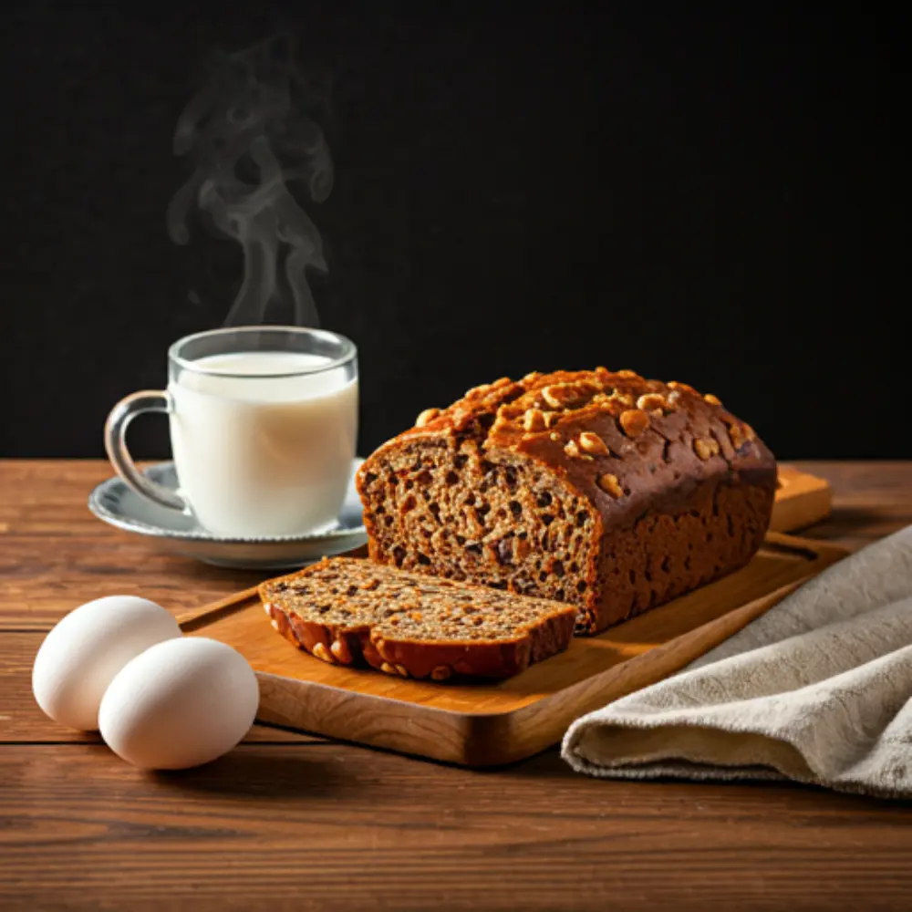 A slice of homemade date bread on a wooden board, perfect for a healthy and delicious breakfast.
