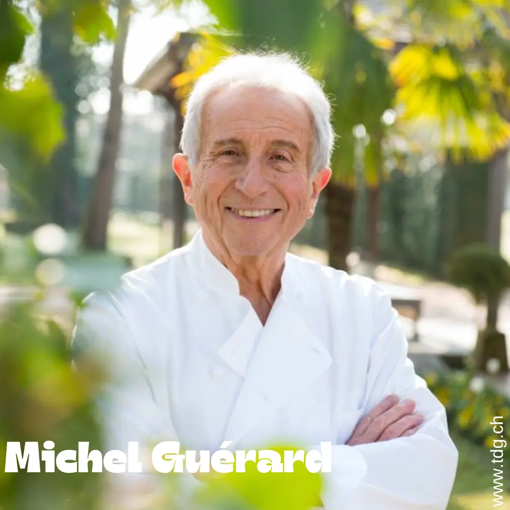 Portrait of renowned French chef Michel Guérard in his kitchen, celebrated for pioneering modern cuisine and light gastronomy.