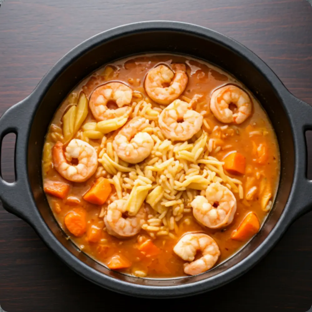 A vibrant one-pot dish featuring caramelized sweet potatoes, succulent shrimp, and fresh herbs in a savory sauce.