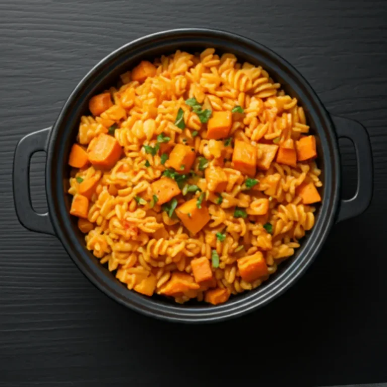 A colorful dish featuring roasted sweet potatoes served alongside fluffy rice and spiral pasta, garnished with fresh herbs.