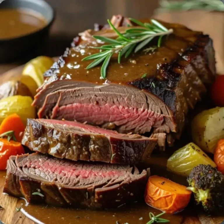 A juicy and tender beef chuck roast cooked to perfection, resting on a cutting board with herbs and vegetables around it.