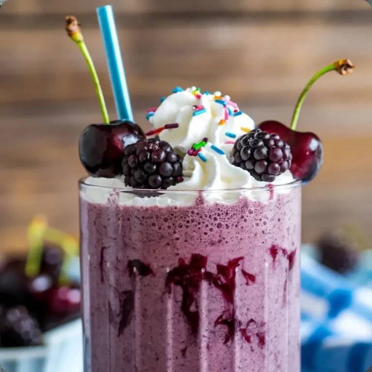 A refreshing glass of black cherry and blackberry smoothie with a vibrant purple color, garnished with fresh berries on top.