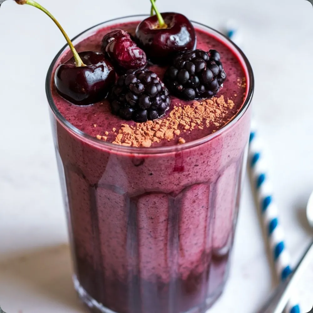 A refreshing black cherry and blackberry smoothie in a glass with fresh berries on top, perfect for a healthy snack or breakfast.