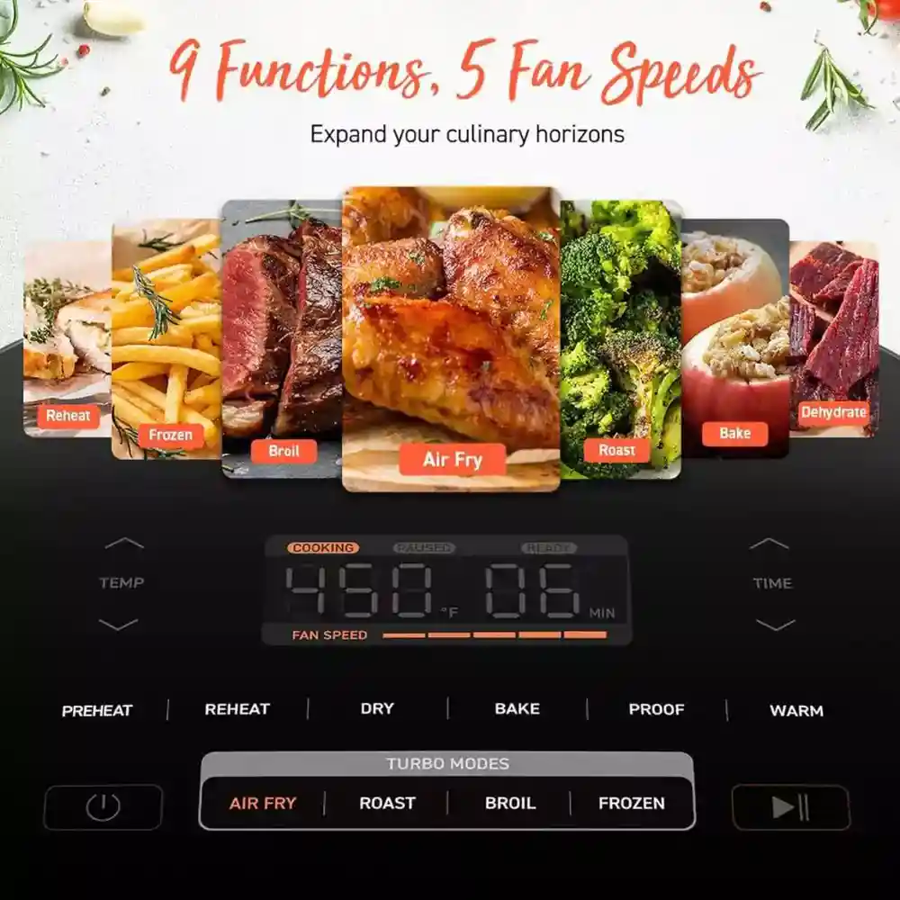 A COSORI air fryer on a kitchen counter, displaying its digital touchscreen and various pre-set cooking functions.