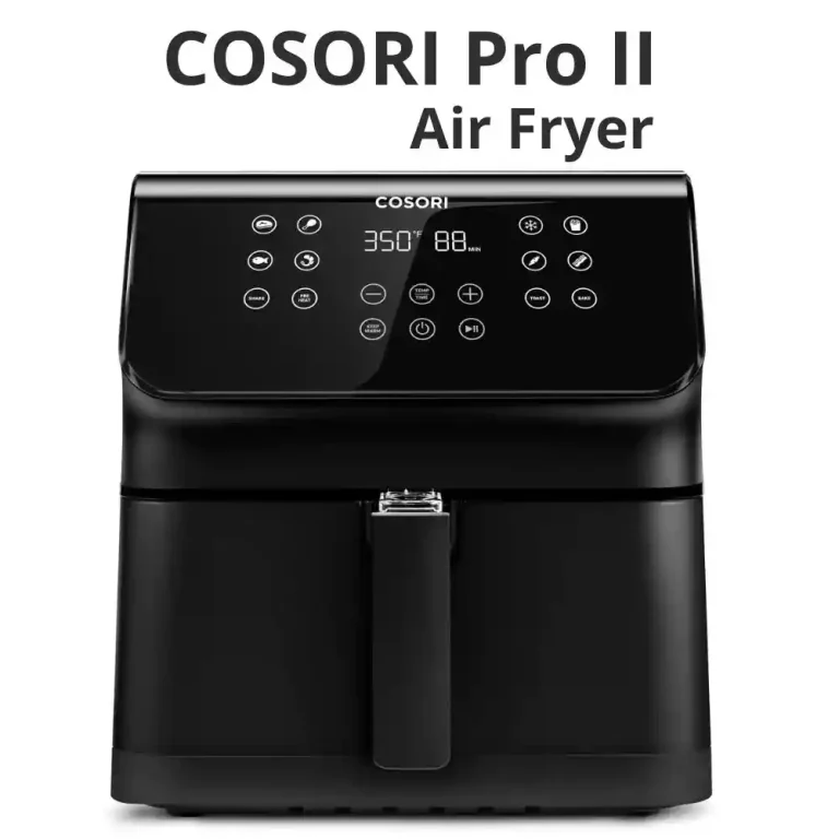 The COSORI Pro II Air Fryer displayed on a kitchen counter, featuring its sleek design and digital touchscreen interface.