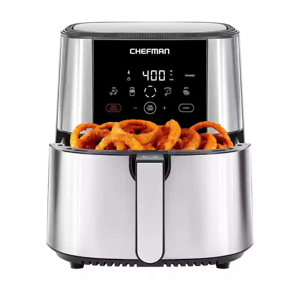 The Chefman TurboFry Touch Air Fryer on a kitchen countertop, featuring its sleek design and digital touch controls for easy operation.