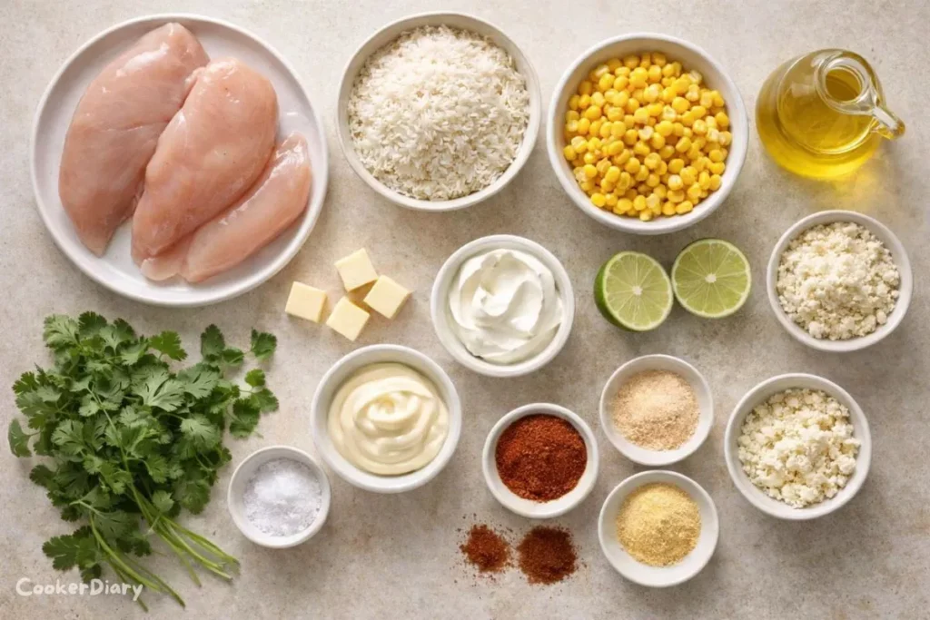 Ingredients for chicken and street corn rice bowl laid out on a kitchen counter