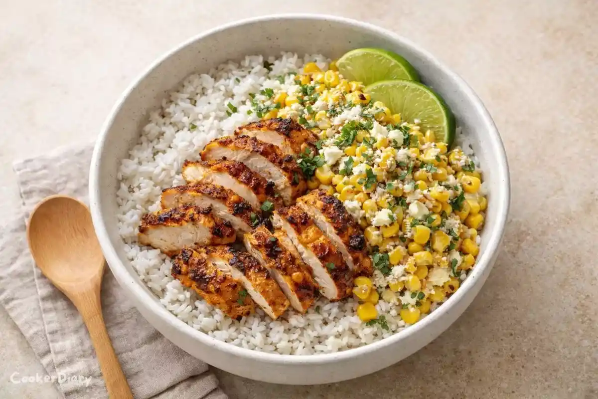 Chicken and street corn rice bowl with grilled chicken, creamy corn, and jasmine rice