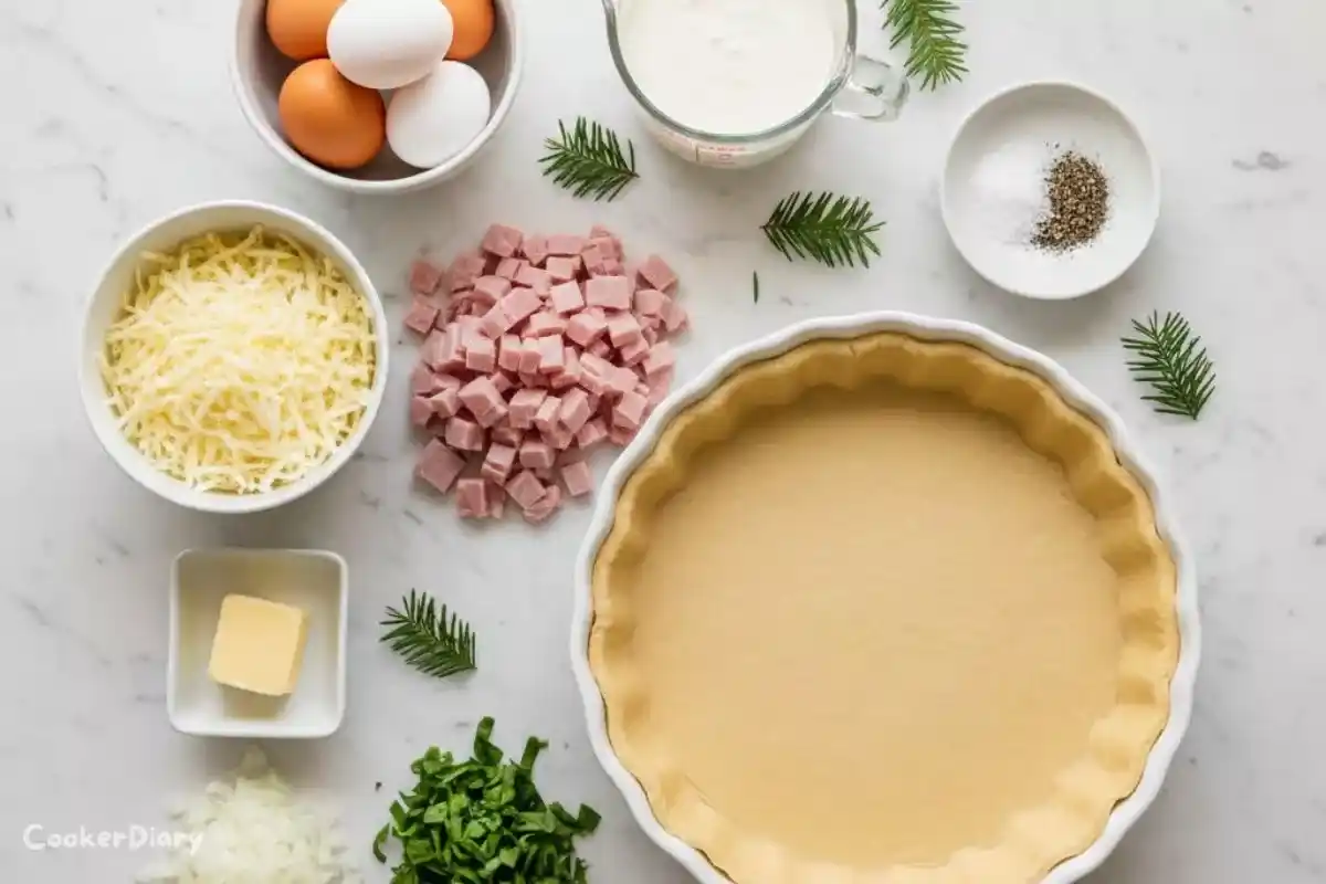 Flat-lay of Christmas quiche ingredients including eggs, cream, ham, spinach, and cheese.
