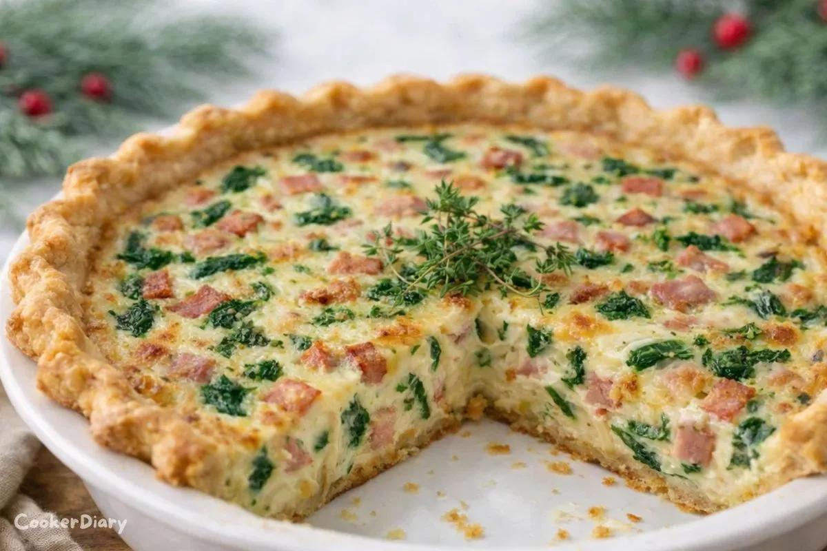 Angled close-up of Christmas quiche slice showing creamy custard and flaky crust.