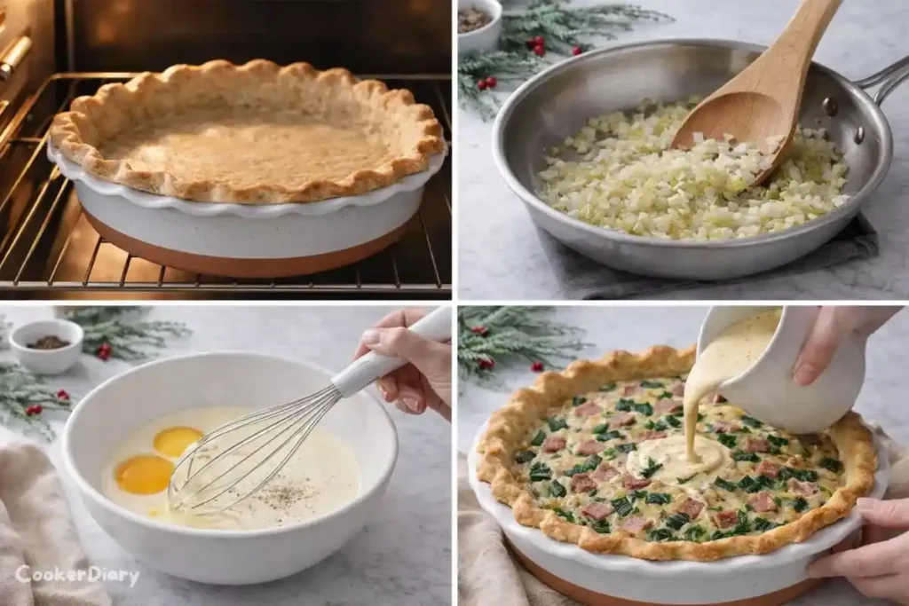 Four-step composite showing how to make this recipe from crust to baking.