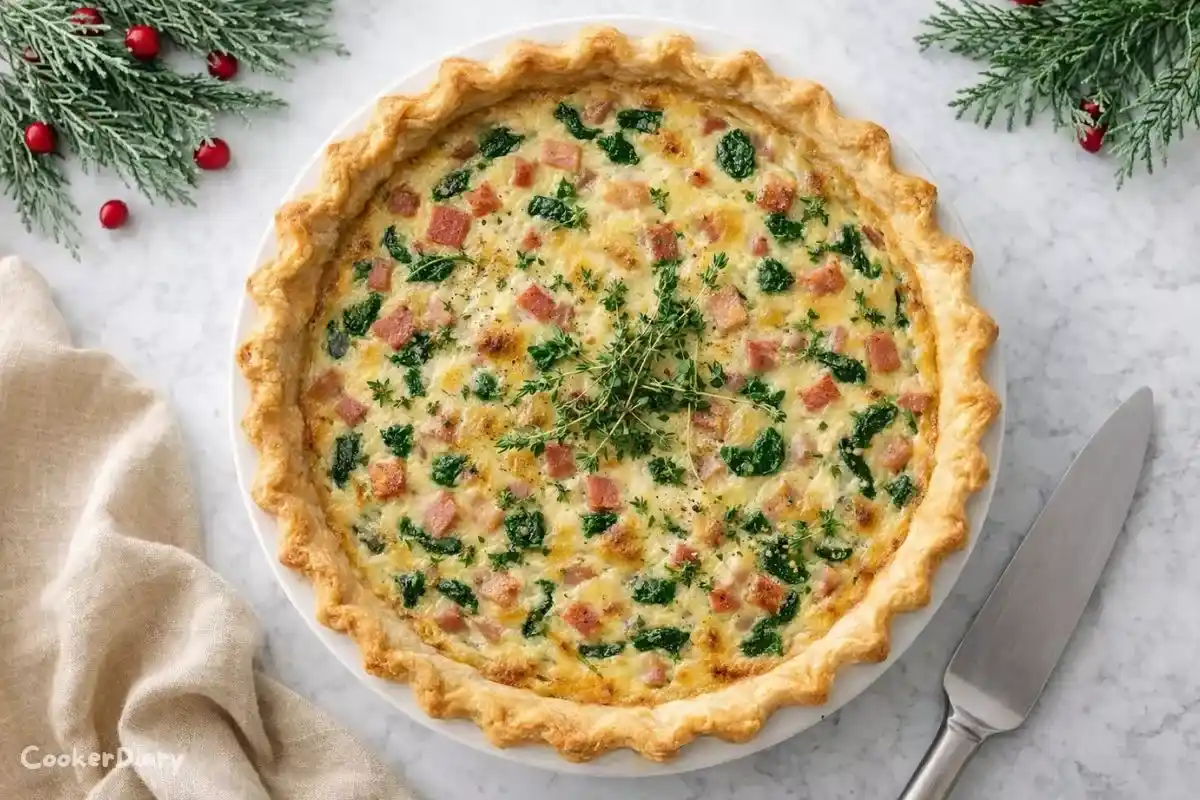 Top-down view of golden Christmas quiche with ham, spinach, and melted cheese.