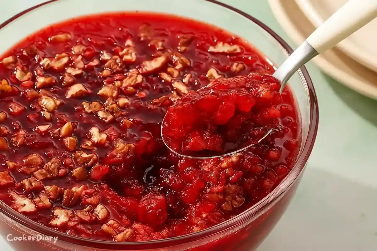 Angled close-up of layered cranberry Jello salad with creamy topping.