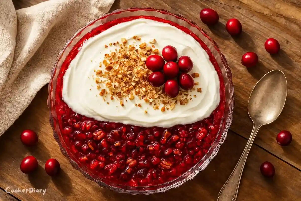 Top-down view of cranberry Jello salad with creamy topping and fresh cranberry garnish.