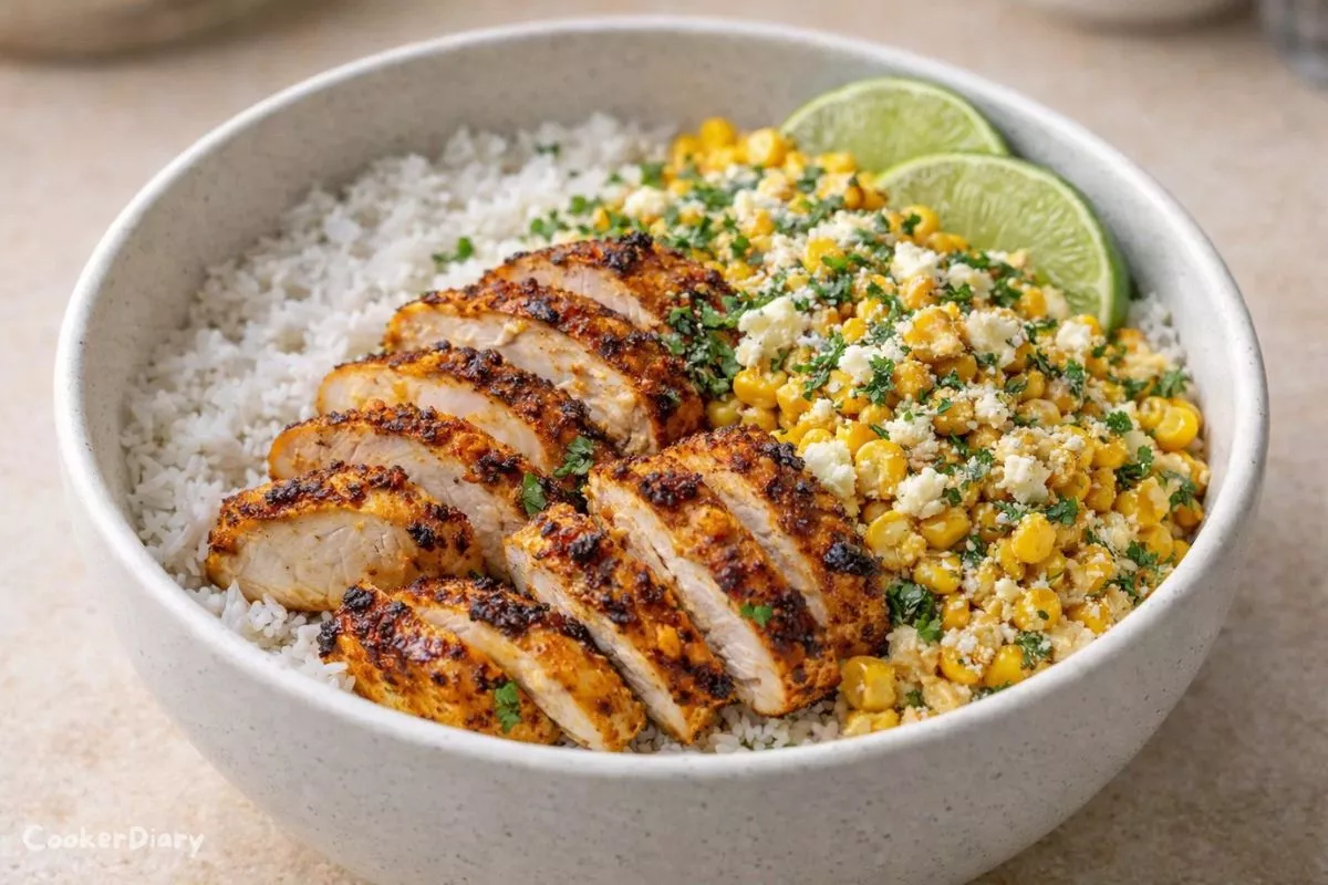Side angle view of chicken and street corn rice bowl