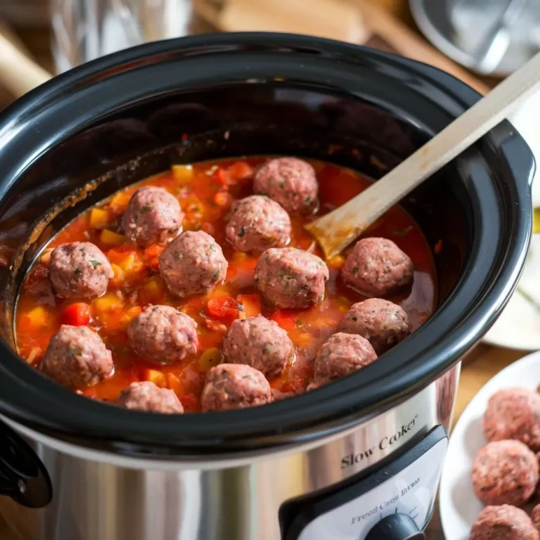 Frozen meatballs cooking in a slow cooker with tomato-based sauce and diced vegetables.