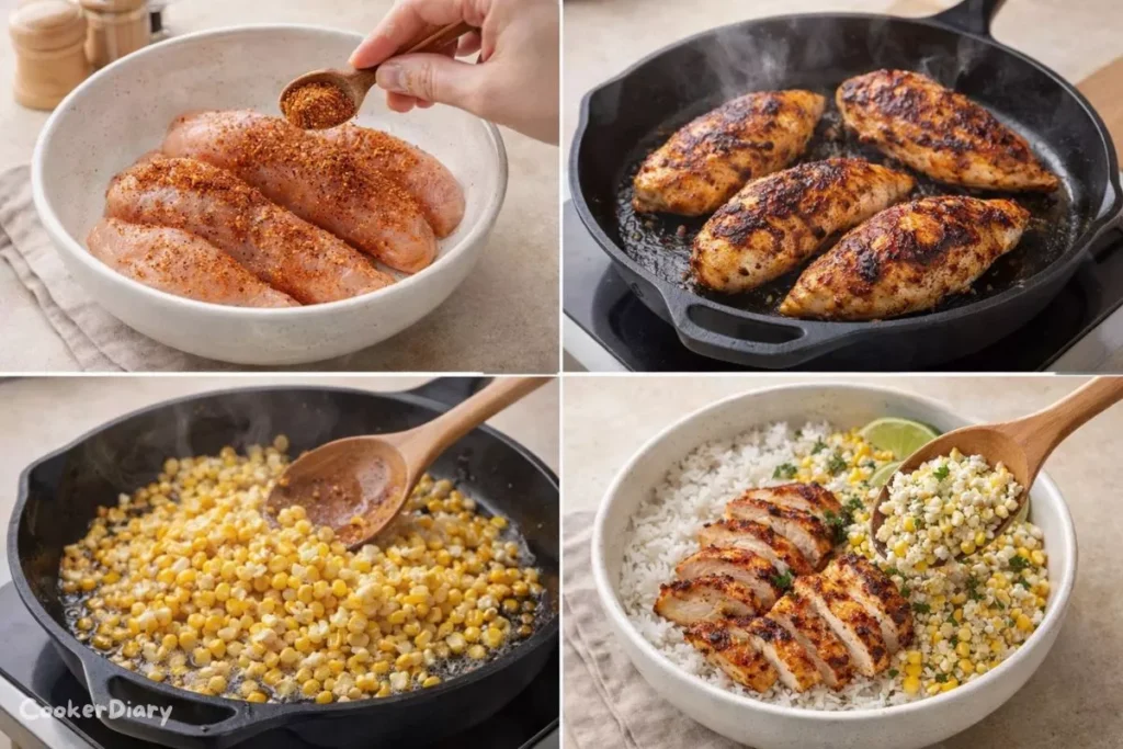 Step-by-step process of making chicken and street corn rice bowls