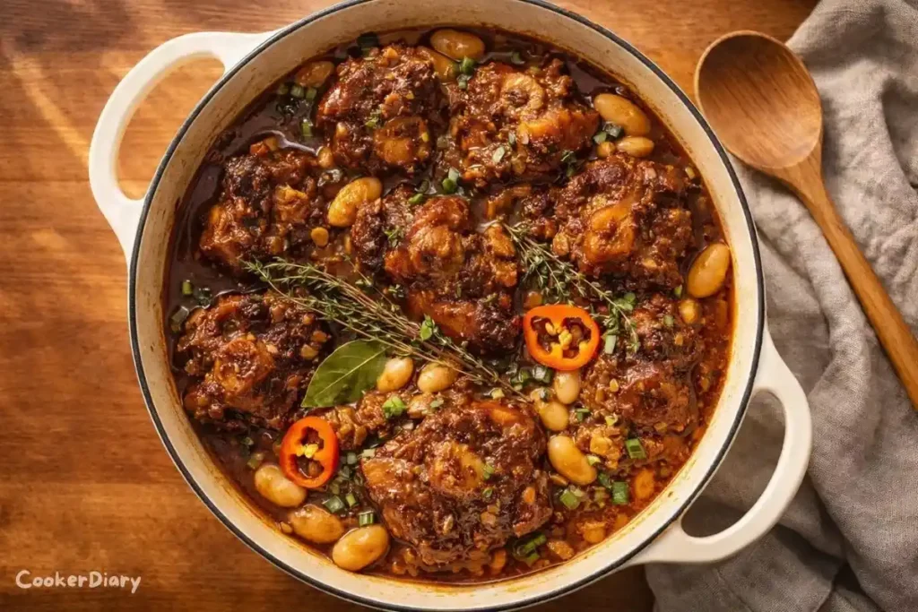 Top-down view of Jamaican oxtail stew with butter beans in a Dutch oven.