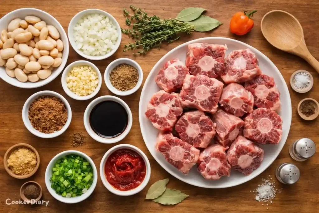 Flat-lay of Jamaican oxtail stew ingredients on a wooden counter.