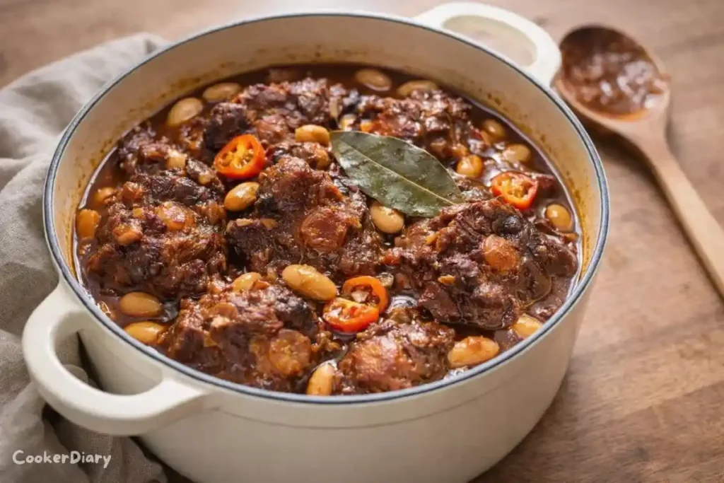 Angled close-up of Jamaican oxtail stew showing tender meat and rich sauce.