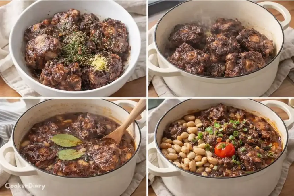 Four-step composite showing the stew preparation from seasoning to simmering.