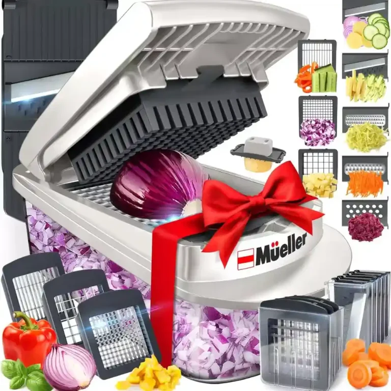 The Mueller Pro-Series 10-in-1 Vegetable Chopper on a kitchen countertop, featuring multiple blades and attachments for versatile food prep.