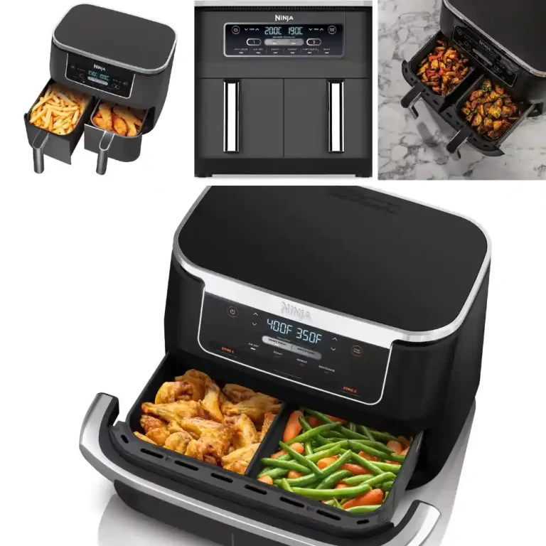 The Ninja Foodi DualZone Air Fryer on a kitchen counter, featuring its sleek design and dual cooking zones for efficient meal preparation.