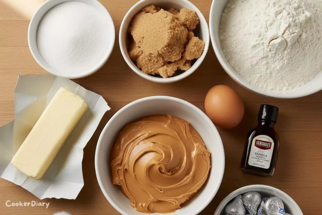 Flat-lay of peanut butter blossom cookie ingredients